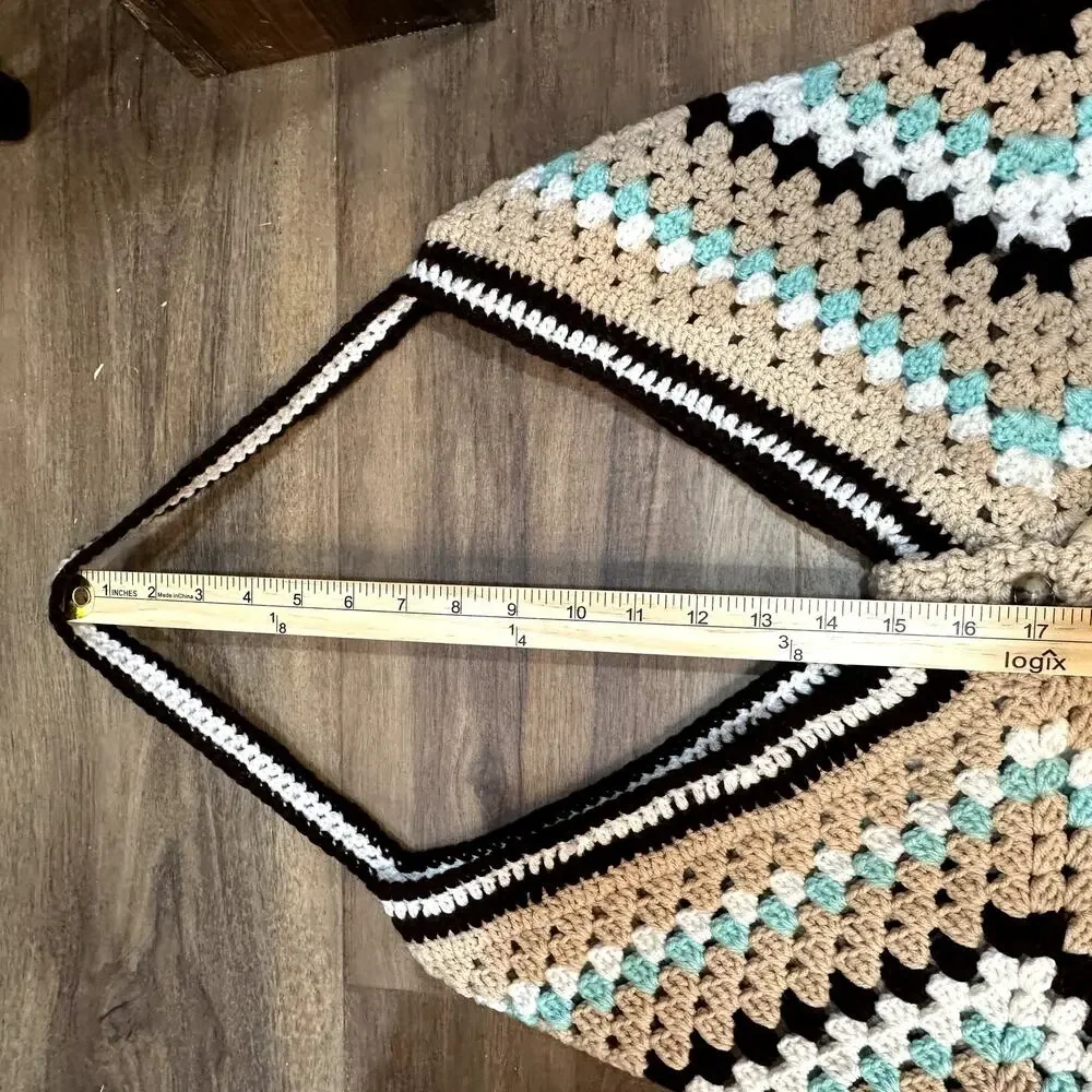 Hand Knit Crochet Granny Square Bag Beaded Accent Boho Retro Y2K Festival Tote
